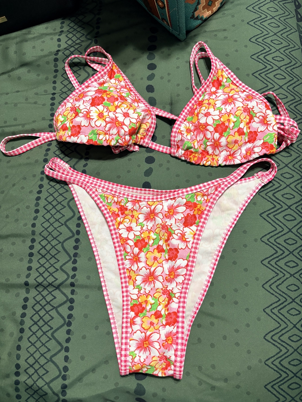 Pink Floral Gingham Bikini Set